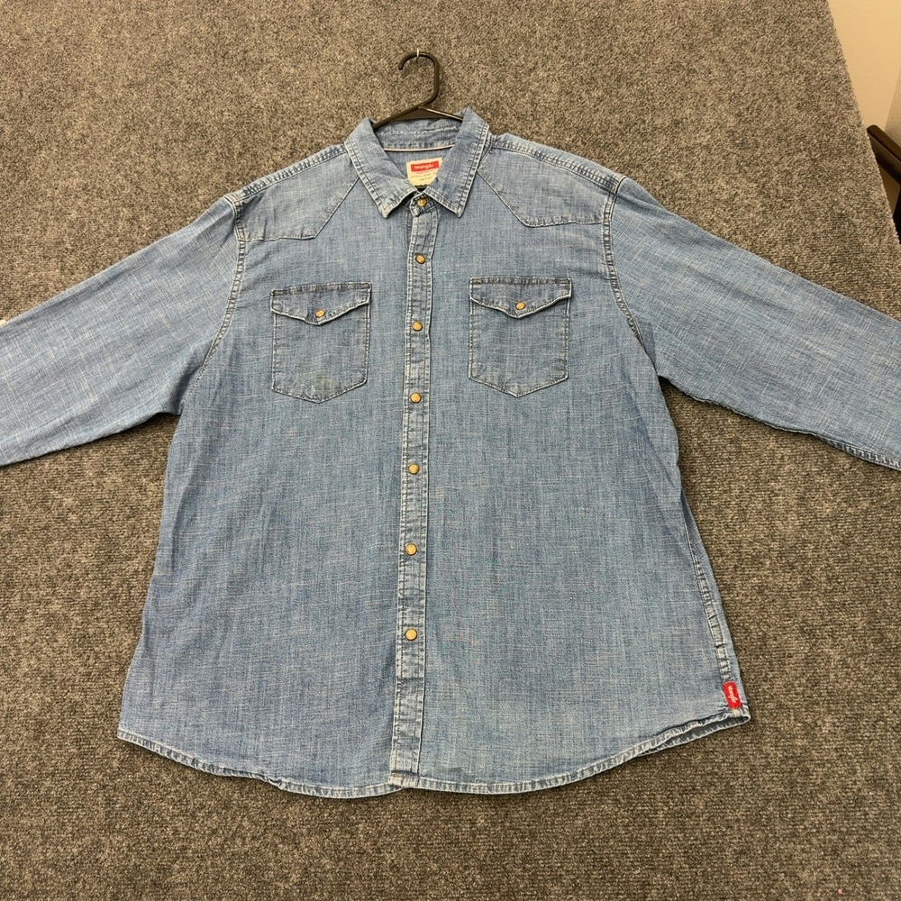 Wrangler Shirt Mens 2XL Blue Cotton Blend Pearl Snap Western Cowboy Casual